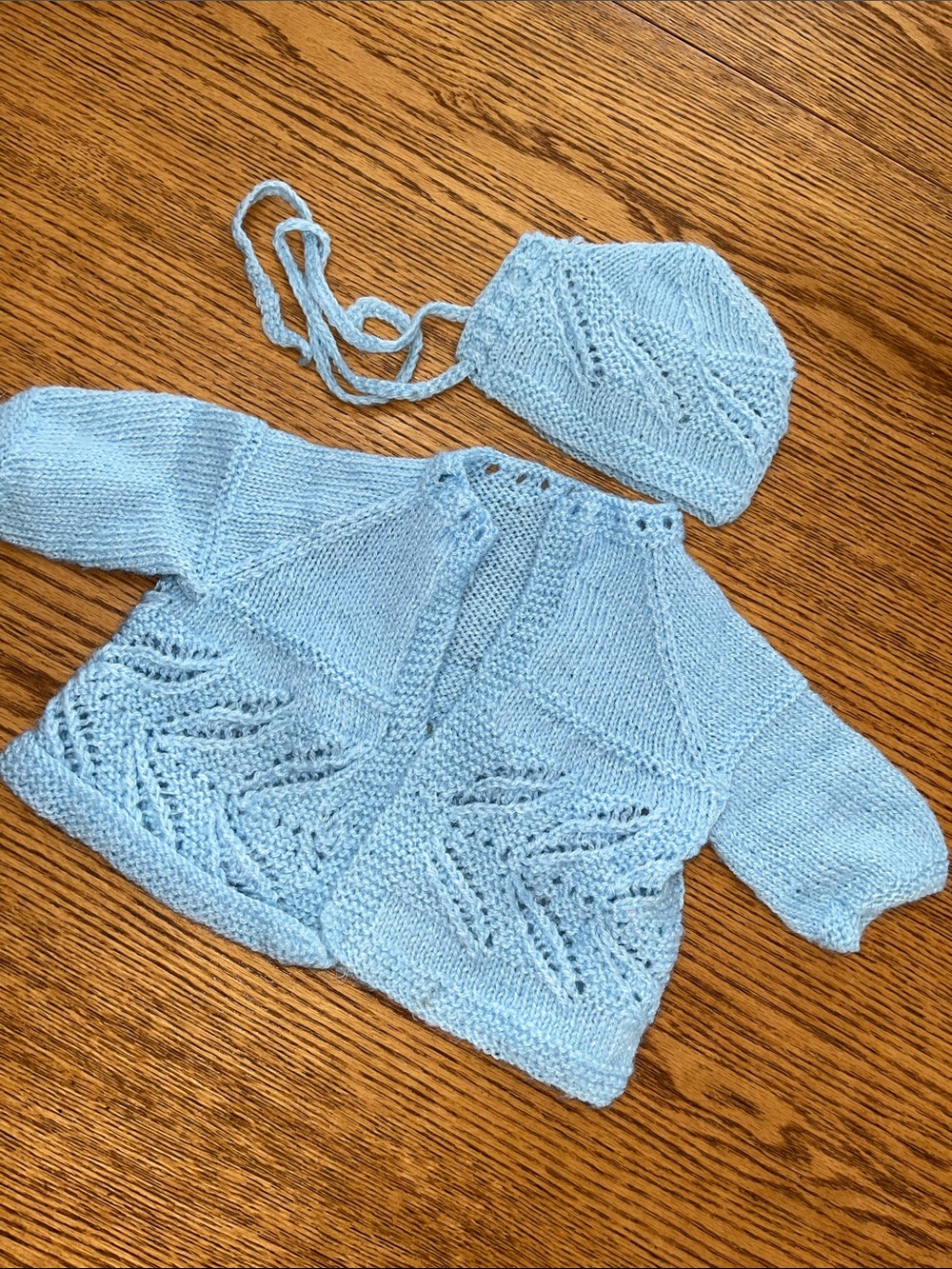 Vintage Light Blue Knit Cardigan & Bonnet Set